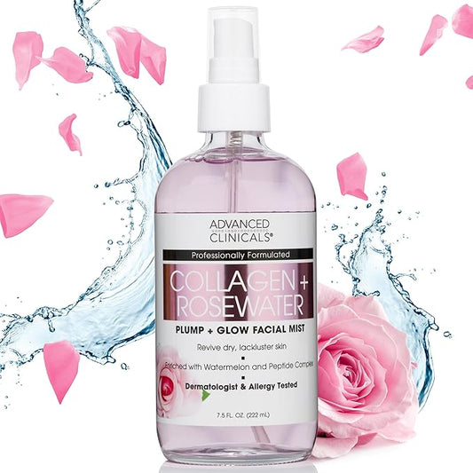 Advanced Clinicals Collagen + Rosewater Face Toner Skin Care Reviving & Hydrating Facial Mist for Face, Non-Greasy Instant Hydration Face Spray W/Pure Rose Water, Collage, & Natural Extracts, 8 Fl Oz