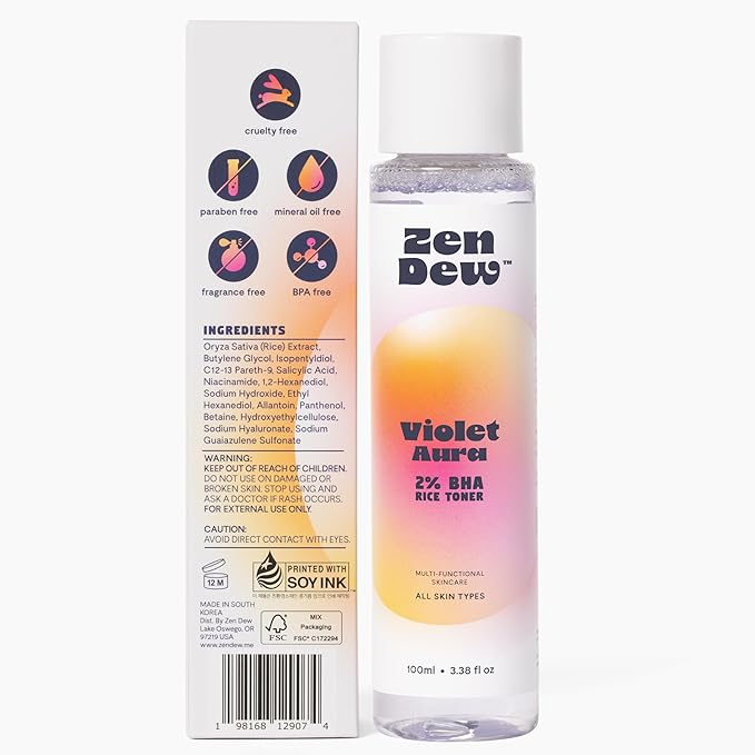 Violet Aura - Refreshing Glow Rice Toner for Radiant, Smooth Skin – Vegan Toner with 73% Korean Rice Milk, 2% Salicylic Acid & Niacinamide to Gently Clear Pores, Brighten & Moisturize, 3.38 fl. oz.