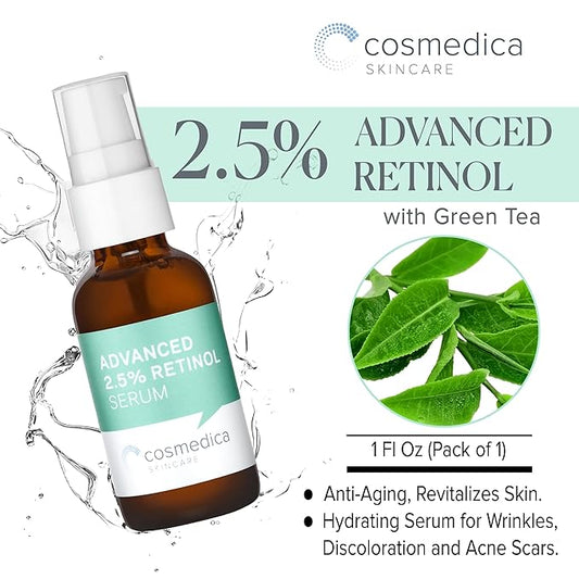 Cosmedica Skincare's Advanced 2.5% Retinol Serum w/Green Tea, Hyaluronic Acid & Vit E - Anti-Aging, Skin Revitalizing, Hydrating Serum for Fine Lines, Wrinkles, Discoloration, and Acne Scars, 1oz
