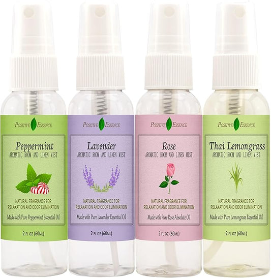 Linen and Room Spray Gift Set, (Lavender, Lemongrass, Rose, & Peppermint), Natural Air Freshener Made with Pure Essential Oils & Minimal Ingredients, Perfect Bathroom Spray or Room Mist, 4-Pack