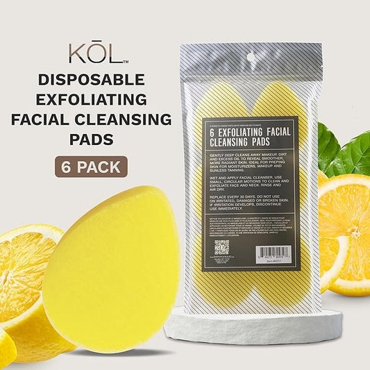 KOL Face Scrubber Pads, Lemon Infused Exfoliating Facial Cleansing Sponges for Daily Face Wash and Makeup Removal, 6 Count