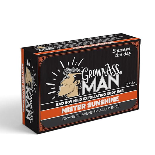 Grown Ass Man Co. Exfoliating Body Bars - Solid Soap with Natural Oils & Gentle Scrub - Plastic Free & Eco-Friendly, Natural & Organic for All Skin, 4oz Bar - Mister Sunshine - Mild Exfoliant, 6-Pack