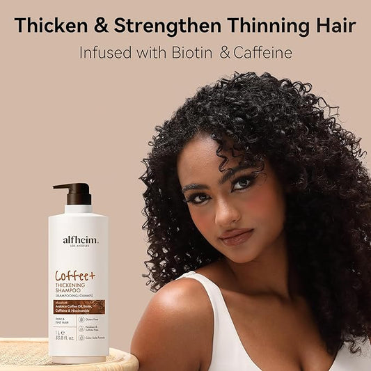 ALFHEIM Coffee+ Thickening Hair Shampoo | Caffeine Complex with Biotin & Niacinamide | Volumize & Strengthen Weak, Thin Hair | Moisturizing Sulfate-Free Formula | Color-Treated Safe | 33.8oz