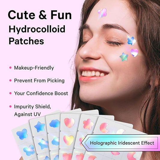 Sosky Hologram Pimple Patches for Face, Hydrocolloid Acne Patches with Salicylic Acid, Cute Star Zit Stickers,Colorful Blemish Covers,48 Count Pink Heart Flower