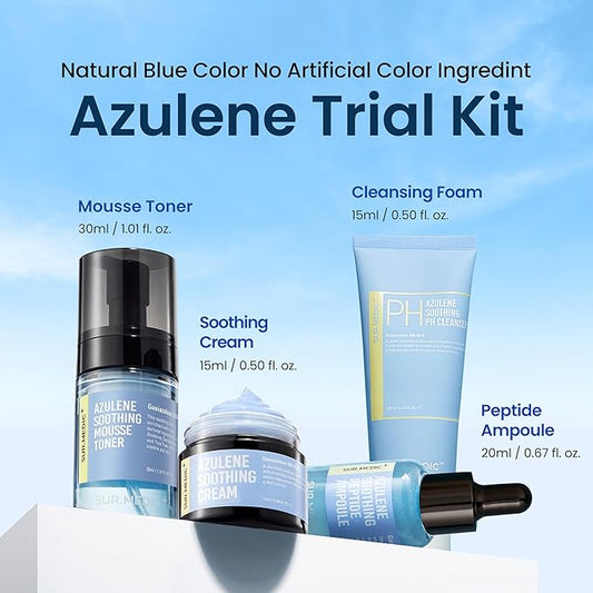 SURMEDIC AZULENE Soothing Trial Kit, Korean Skincare, Airplane-Friendly Travel Size Mini Set, Facitl Kit Gift for Women with Moisturizer, Cleanser, Toner, Ampoule, Cream