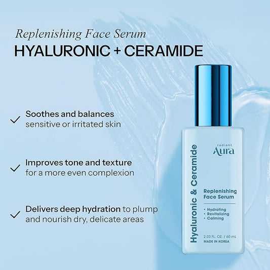 Facial Serum with Hyaluronic Acid & Ceramide - Dermatologist Tested Korean Serum for Glowing Skin - Hydrating, Calming & Skin Barrier Repair - Suitable for Sensitive Skin - 2 Fl. Oz