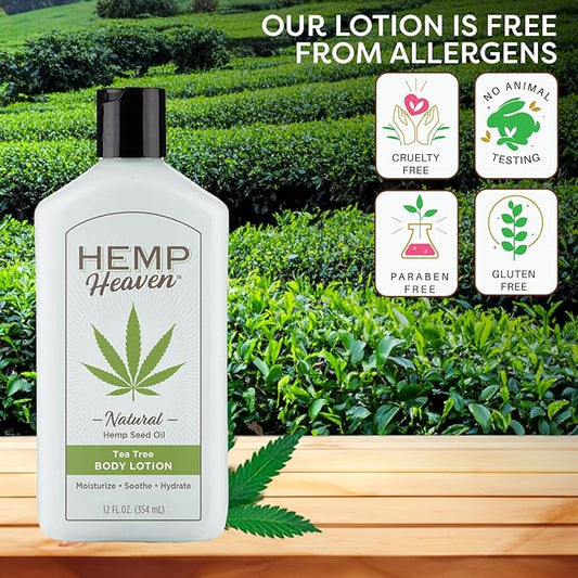 Hemp Heaven Lotion - Moisturizing Body Lotion with Natural Hemp Seed Oil & Tea Tree Scent, 12 oz, Paraben-Free Hemp Lotion for Women & Men, Made in USA, Soothes & Nourishes