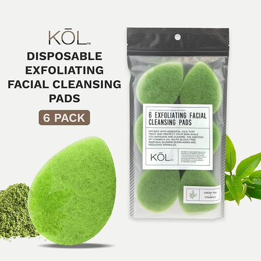 KOL Face Scrubber Pads, Green Tea Infused Exfoliating Facial Cleansing Sponges for Daily Face Wash and Makeup Removal, 6 Count