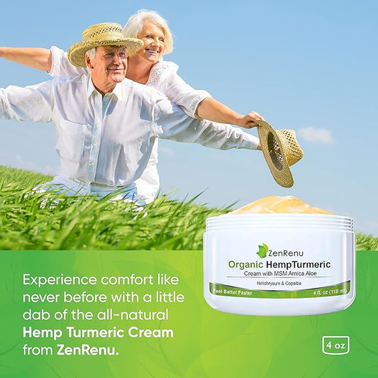 Zenrenu Organic Hemp Turmeric Joints & Muscle Cream with Arnica, MSM, Hemp Oil Extract, & 7 Essential Oils - Non Greasy & Fast Absorbing for Back, Neck, Elbows, Knees, & Hip 4 oz