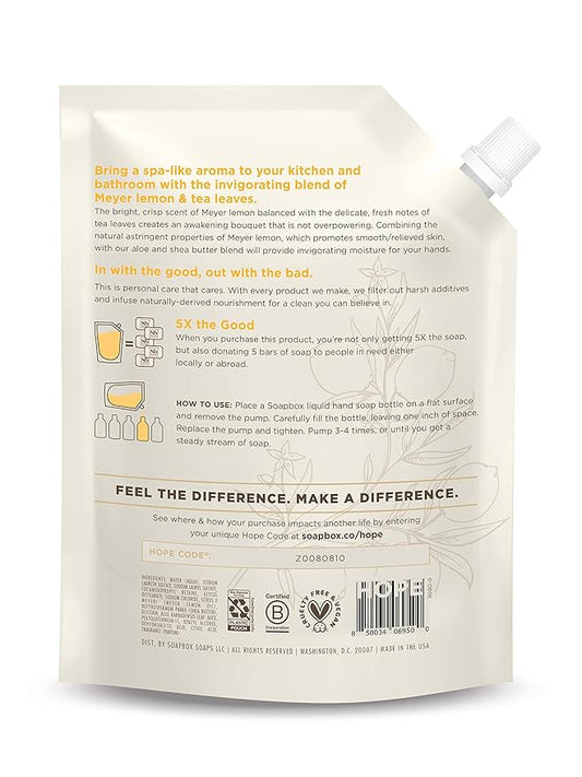 Soapbox Liquid Hand Soap Refill, Meyer Lemon & Tea Leaves, Gentle & Moisturizing Hand Wash for Kitchen and Bathroom, Vegan & Cruelty Free, 64oz Half Gallon Refill (Pack of 1)