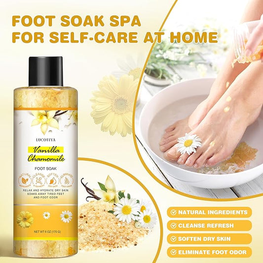 LUCOTIYA Foot Soak Set Pedicure Kit, Vanilla chamomile Foot Soak Salts,Foot File,Foot Scrub & Urea Foot Cream,Pedicure Supplies for Dry Cracked Feet for Women