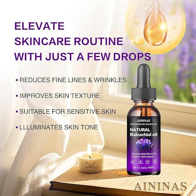 AIninas Bakuchiol Oil Organic for Face - Natural Retinol Alternative Reduces Wrinkles & Fine Lines, Sensitive Skin Safe, Mix with Moisturizer - Hydrating Facial Serum for Day & Night Use, 2 fl oz