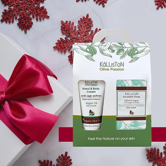 Kalliston Organic Argan Oil Cream with Shea Butter and Organic Olive Oil and Argan Soap Bar, Anti-Age Actives Gift Set