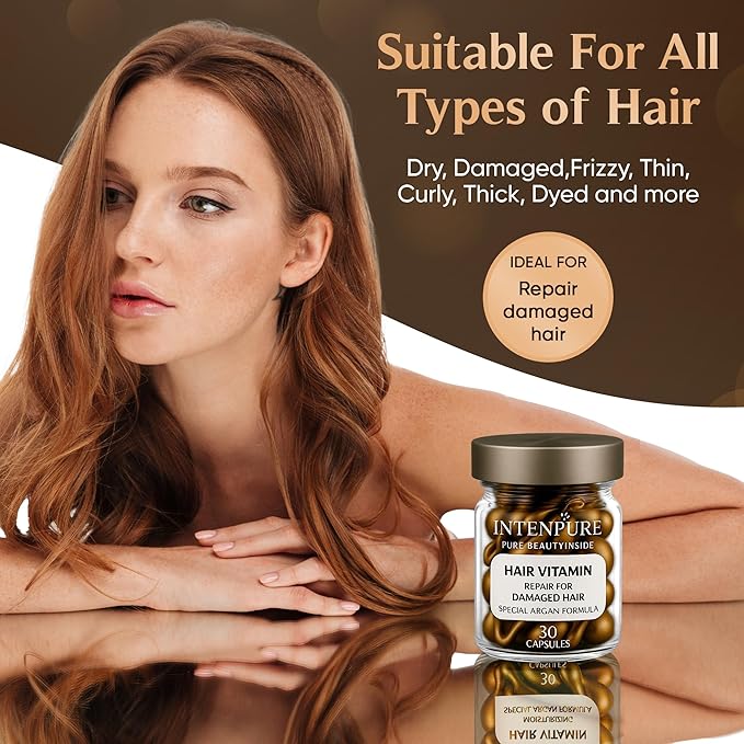 INTENPURE Hair Vitamin Capsules for Women β No Wash Argan Oil Hair Serum Treatment β 30 Ampoules for Damaged, Color-Treated, Frizzy Hair β Vitamins for Hair Growth & Hair Loss Support