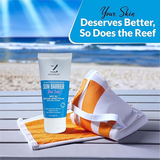 Zealios Reef Safe Sun Barrier SPF 30 Skin Care Body Lotion, Water Resistant Non-Greasy Sunscreen, 20% Non-Nano Zinc Oxide, Sensitive Skin-Friendly for Running, Cycling, Swimming, Outdoor Adventures
