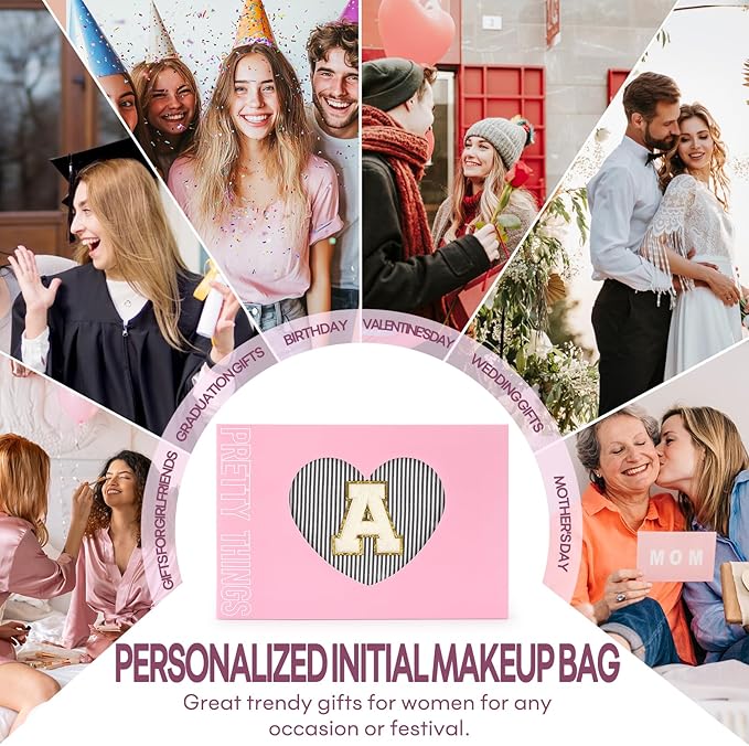 2 PCS Initial Makeup Bags for Women: Cosmetic Bag for Travel Toiletry - Birthday Gifts for 11 12 13 14 15 16 17 18 Years Old Girl Graduation Teacher Gift- Teen Girl Gifts Trendy Stuff - Black A