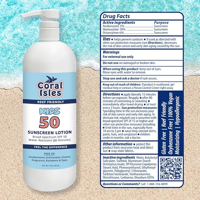 Rocky Mountain Sunscreen | SPF 50 Lotion for Kids Broad Spectrum UVA/UVB Protection | Hawaii 104 Reef Act Compliant (Oxybenzone & Octinoxate Free) | Water Resistant 80 Min. |Quart With Pump (32 Fl Oz)