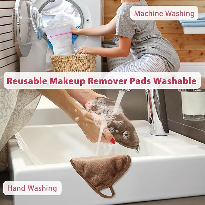 Makeup Remover Cloth, 6" x 6" Make Up Towels Reusable Face Cloth for Washing Face, Makeup Remover Pads Microfiber Face Washcloth with Mesh Bag, Just Water, 12 Pack, Brown