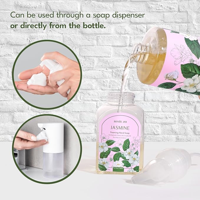 Natural Jasmine Foaming Hand Soap Refills 3-Pack (33.8 Fl Oz Each) with Dispenser - Plant-Based, Non-Toxic, Large Volume for Kitchen, Bathroom - Great Value Gift Set for Housewarming