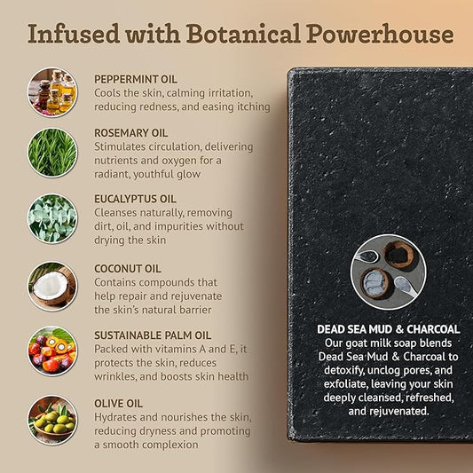 Southern Natural Activated Charcoal Soap Bar (3 Pack) Face and Body Soap For Sensitive Skin With Dead Sea Mud, Goat Milk & Peppermint Essential Oil