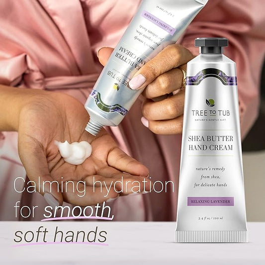 Tree to Tub Shea Butter Hand Cream for Dry Cracked Hands - Moisturizing Sensitive Skin Hand Lotion for Women & Men, Non-Greasy Vegan Hand Moisturizer w/Organic Cocoa, Aloe Vera, All Natural Lavender
