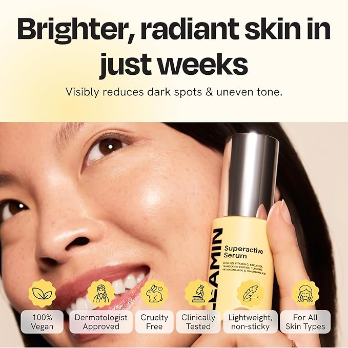 Gleamin Superactive Vitamin C Serum for Face with 15% Vitamin C, Niacinamide, Bakuchiol & Hyaluronic Acid – Skin Brightening Facial Serum for Women & Men – Dark Spot Remover & Radiant Glow – 1 fl oz