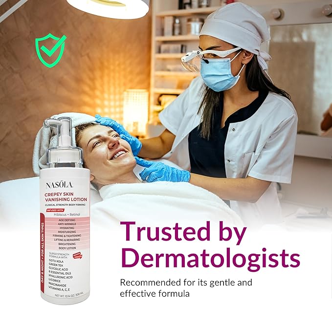 Nasola Crepe Erase Advanced Body Repair Treatment Lotion with Retinol and Hibiscus, Skin Tightening and Lifting Cream Moisturizer for Dry Aging Skin includes Vitamin A, E, C, and Green Tea, 10.14 Oz