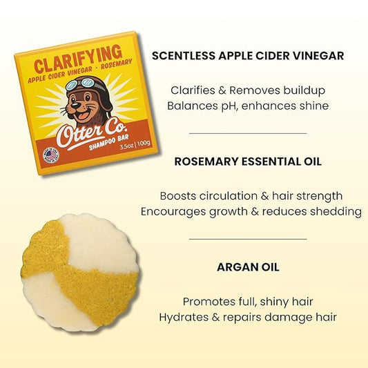Otter co. Clarifying Apple Cider Vinegar Shampoo Bar for Build Up – Argan oil, Rosemary, Nettle, Jojoba oil – Vegan, Sulfate Free & Non Toxic – Women and Mens Shampoo, All Hair Types, Made in USA