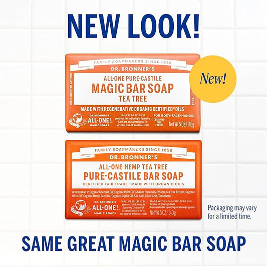 Dr. Bronner's Pure-Castile Magic Bar Soap - Tea Tree, Made with Regenerative Organic Certified Oils, For Face, Body & Hair, Gentle, Vegan, Non-GMO (5oz, 12-Pack)