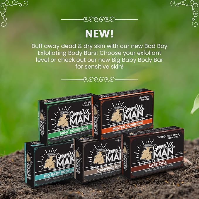 Grown Ass Man Co. Exfoliating Body Bars - Solid Soap with Natural Oils & Gentle Scrub - Plastic Free & Eco-Friendly, Natural & Organic for All Skin Types, 4oz Bar - Variety, 6-Pack