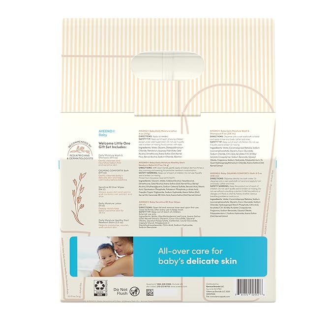 Aveeno Baby Welcome Little One Gift Set, Skincare Set with Nourishing Body Wash & Shampoo, Calming Bath Wash, All Over Wipes, Daily Moisturizing Lotion, & Balm, 5 Items