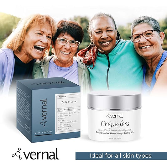 Vernal Crepe-less crepey skin firming cream to reduce crepey arms, neck & hands. Organic tightening cream to reduce thin wrinkled skin on arms, neck and body. Made in USA (4 Oz)