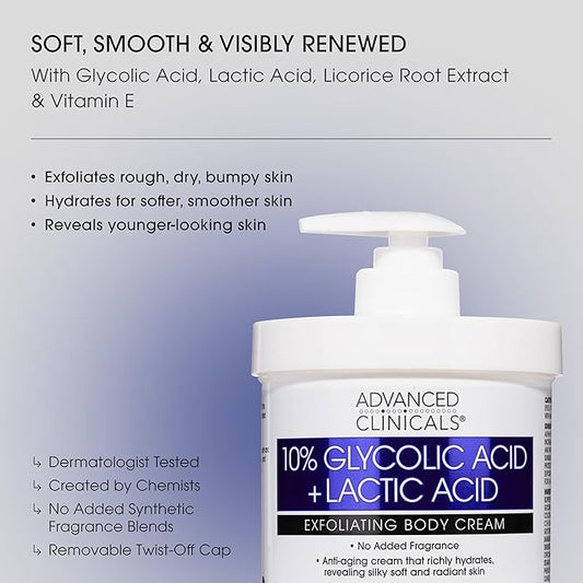 Advanced Clinicals 10% Glycolic Acid + Lactic Acid Lotion Exfoliant Moisturizing Cream With Hyaluronic Acid Moisturizer | AHA Exfoliating Body Cream Improves Look Of Uneven Rough Skin Texture, 2-Pack