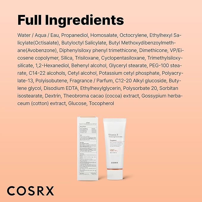 COSRX Vitamin E Vitalizing Face Sunscreen SPF 50, 1.69 fl oz, SPF Moisturizer, Lightweight under Makeup, Travel Essentials, Summer Essentials, Korean Skin Care, Korean Sunscreen for Face