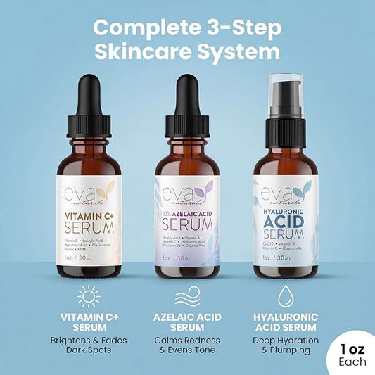 Eva Naturals Face Serum Set - Vitamin C, Azelaic Acid & Hyaluronic Acid Serum | Dark Spots, Calming, Uneven Skin Tone, Wrinkles, Fine Lines | Brightening, Anti Aging, Hydrating Facial Skincare 3x1 oz
