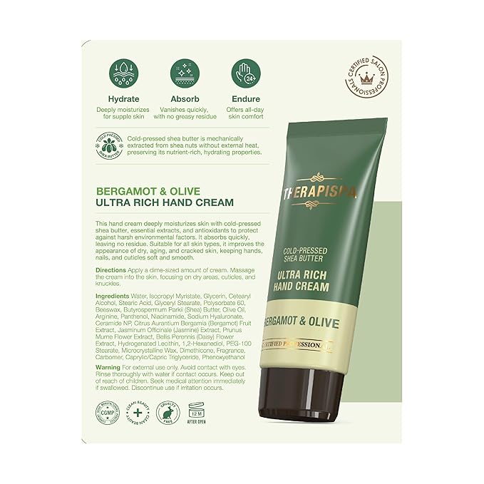 Ultra Rich Hand Cream – Intensive Hydration & Repair for Dry, Chapped Hands | Enriched with Shea Butter, Ceramides, Niacinamide (B3) & Panthenol (B5) (Bergamot & Olive, 2.0 oz, Pack of 1)