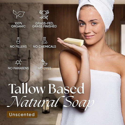 Beef Tallow Soap Bar Grass Fed – Organic Body Soaps, Face Tallow Soap Bar for Women – All Natural Soaps for Sensitive Skin, Moisturizing & Nourishing Cleanser for All Skin Types, In Unscented