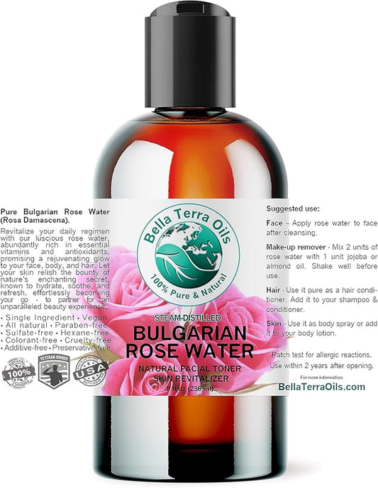 Bella Terra Oils - Organic Rose Water Spray 8 oz - Unveiling The Hydrosol of Roses, Nourishing Face and Hair, Rich in Rose Antioxidants