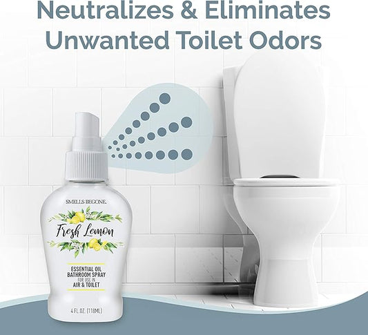 SMELLS BEGONE 4 oz Essential Oil Air Freshener Bathroom Spray - Eliminates Bathroom & Toilet Odors - Made with Essential Oils - Fresh Lemon Scent