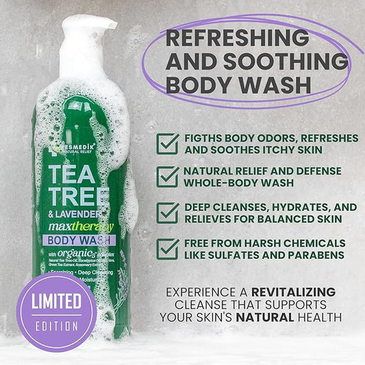 Tea Tree & Lavender Body Wash MaxTherapy, Itchy Skin Relief, Fights Body Odor, Soothes Jock Itch, Athlete's Foot, Ringworm & Sensitive Skin, Men & Women, 16 fl oz, Limited Edition