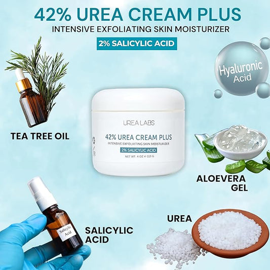 | 42% Urea Cream + 2% Salicylic Acid β Maximum Strength Foot & Skin Repair | Deep Exfoliation & Hydration for Cracked Heels, Dry Feet, Rough Skin & Callus Removal (4 Oz)