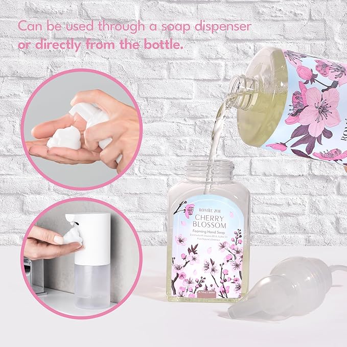 Cherry Blossom Foaming Hand Soap Refill Gift Set – 3 Pack*33.8 Fl Oz with Refillable Dispenser, Refreshing Floral Scent, Moisturizing & Chemical-Free for Bathroom, Kitchen, Sensitive Skin