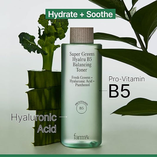 Farm Rx Super Greens Hyalru B5 Balancing Toner (6.4fl oz) - Lightweight, Hydrating, Soothing, Water-Based. Korean Skin Care. Hyaluronic Acid, Panthenol, Vegan.