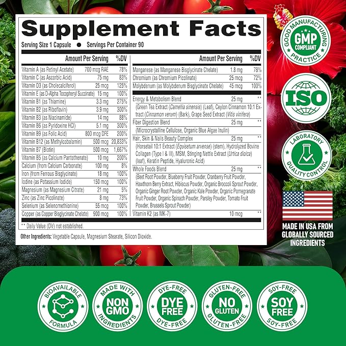 Multivitamin for Women - B-Complex | Whole Foods | Hair Growth Support | Digestion & Metabolism | Iron - 47in1 Womens Multivitamin - Bioavailable & Gentle on Stomach - Made in USA - 90 Capsules