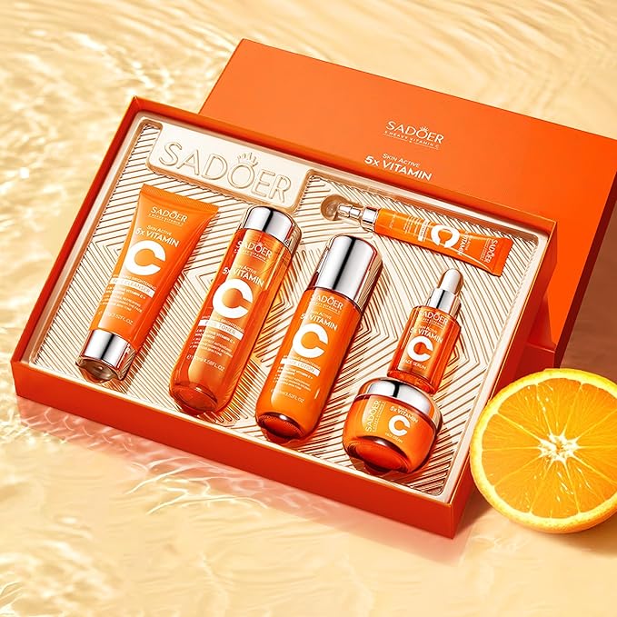 Vitamin C Skincare Set ,Skin Hydration,1Gift Box,1Toner,Face Care Kit Includes Toner,Serum,Cleanser,Moisturizer,Eye Cream & Body Lotion,Unique Gift for Women