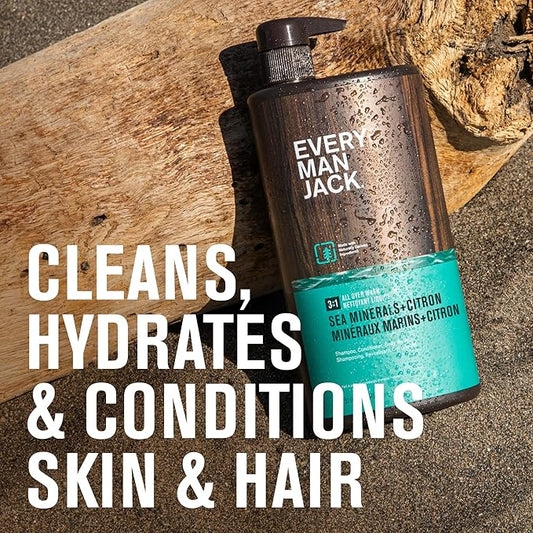 Every Man Jack Sea Minerals + Citron Hydrating Mens 3-in-1 All Over Wash for All Skin and Hair Types - Body Wash, Shampoo and Conditioner with Naturally Derived Ingredients - 28.8oz (2 Pack)