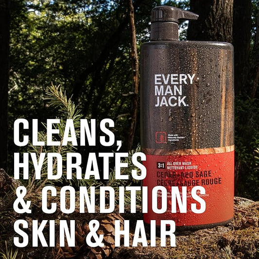 Every Man Jack Cedar + Red Sage Hydrating Mens 3-in-1 All Over Wash for All Skin and Hair Types - Body Wash, Shampoo and Conditioner with Naturally Derived Ingredients - 28.8oz (2 Pack)
