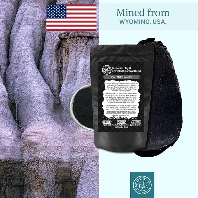 Bare Essentials Living - Bentonite Clay Powder and Activated Charcoal Powder Blend (8oz) Great for Charcoal Face Mask, Facial, Hair Mud Mask, DIY Bentonite Clay Toothpaste, & Charcoal for Soap Making
