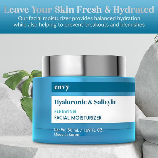 Hydrating Face Cream with Hyaluronic & Salicylic Acid β Lightweight Daily Moisturizer for Blemish-Prone Skin, Fine Lines & Dryness β Gentle Formula, 1.69 oz