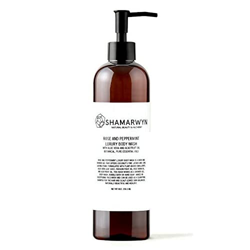 Body Wash, Rose and Peppermint, Natural Organic, Hydrating with Aloe Vera & Acaí Fruit Oil 8oz